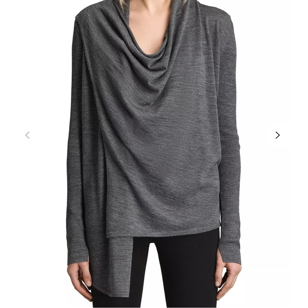 ALL SAINTS Drina Ribbed Cardigan, Asymmetric Shoulder Zip, Open Front, Medium